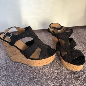 Black lace and cork wedges